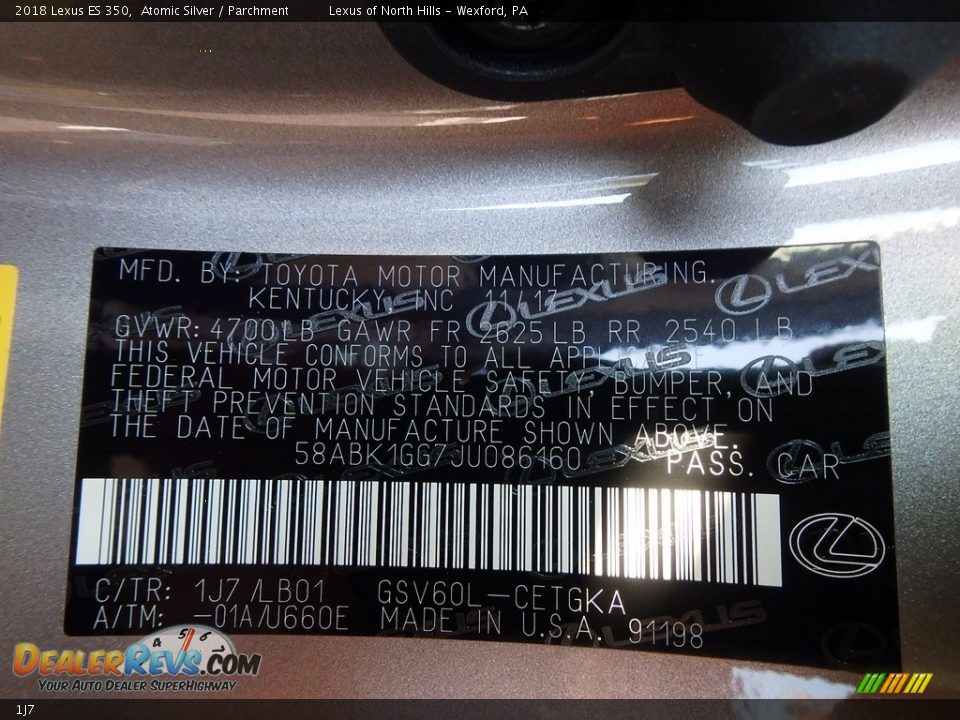 Lexus Color Code 1J7 Atomic Silver