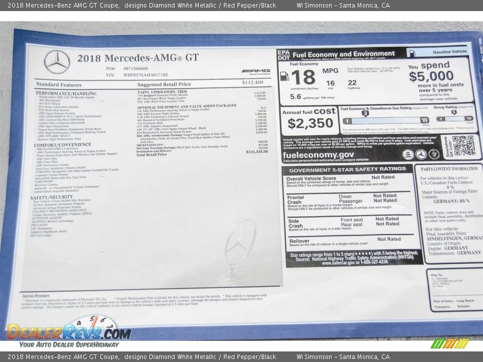 2018 Mercedes-Benz AMG GT Coupe Window Sticker Photo #12