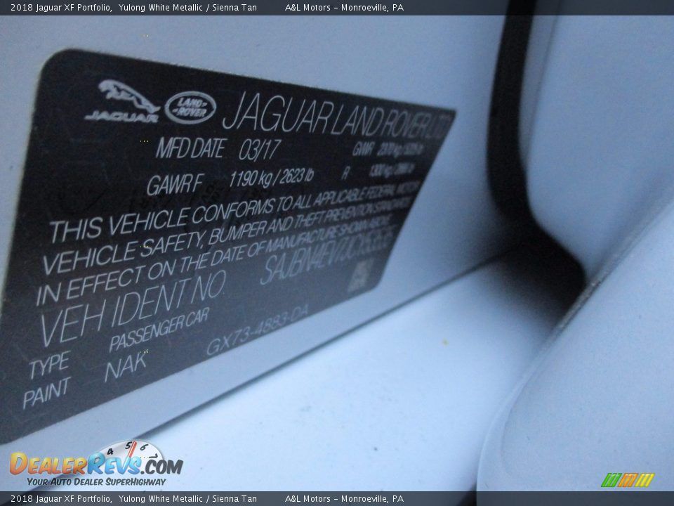 2018 Jaguar XF Portfolio Yulong White Metallic / Sienna Tan Photo #19