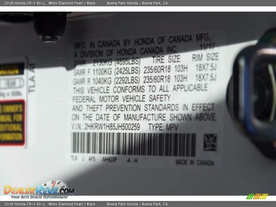 2018 Honda CR-V EX-L White Diamond Pearl / Black Photo #17