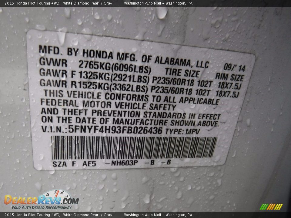 2015 Honda Pilot Touring 4WD White Diamond Pearl / Gray Photo #29