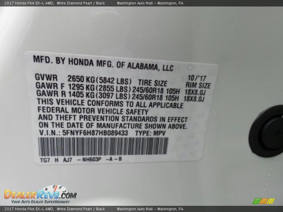 2017 Honda Pilot EX-L AWD White Diamond Pearl / Black Photo #8