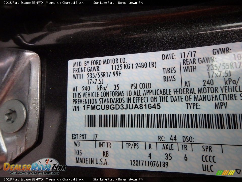 2018 Ford Escape SE 4WD Magnetic / Charcoal Black Photo #14