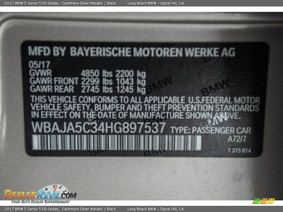 2017 BMW 5 Series 530i Sedan Cashmere Silver Metallic / Black Photo #18