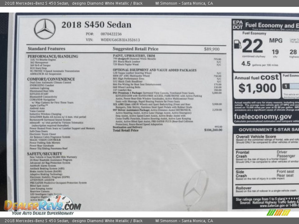 2018 Mercedes-Benz S 450 Sedan designo Diamond White Metallic / Black Photo #10