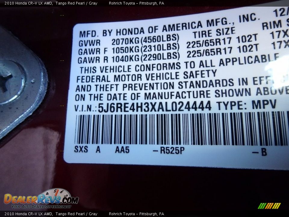 2010 Honda CR-V LX AWD Tango Red Pearl / Gray Photo #27