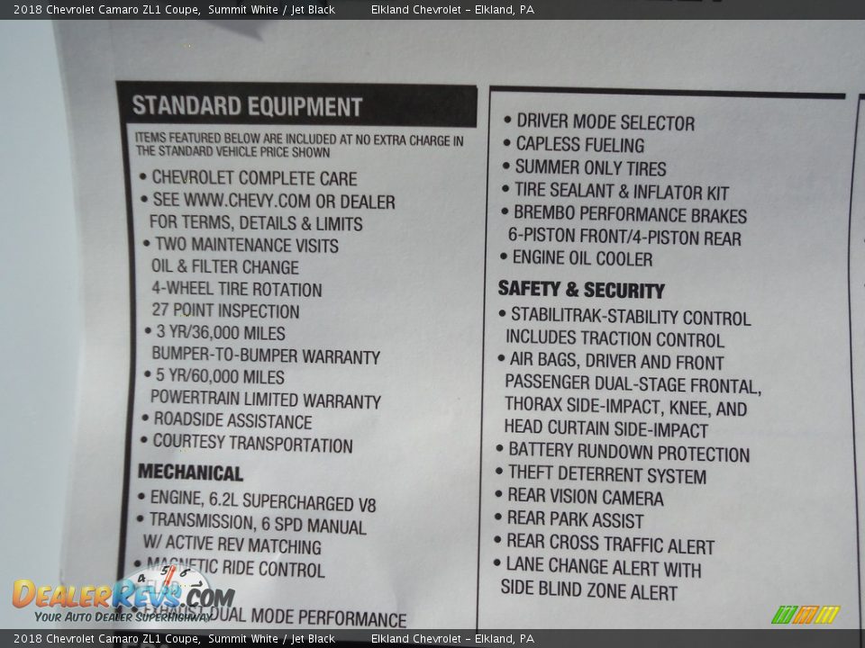 2018 Chevrolet Camaro ZL1 Coupe Window Sticker Photo #22