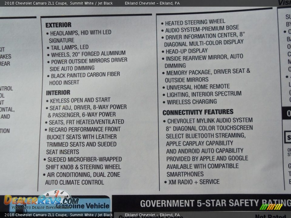 2018 Chevrolet Camaro ZL1 Coupe Window Sticker Photo #23