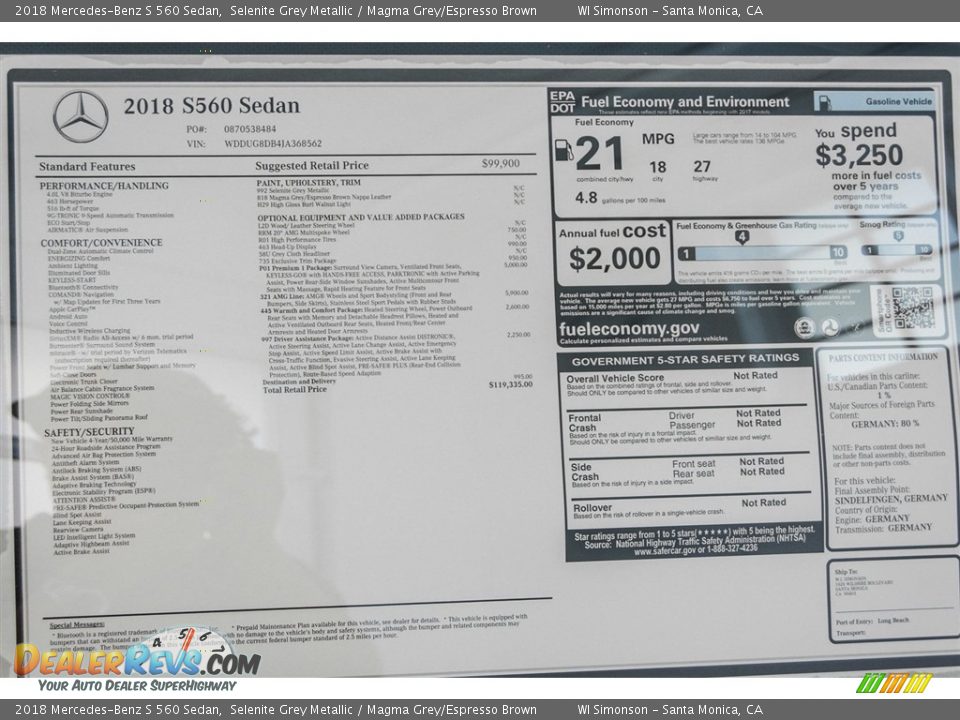 2018 Mercedes-Benz S 560 Sedan Window Sticker Photo #11