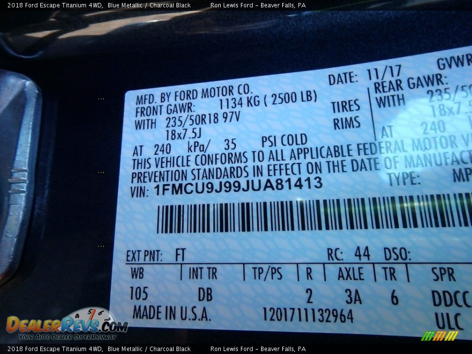 2018 Ford Escape Titanium 4WD Blue Metallic / Charcoal Black Photo #14