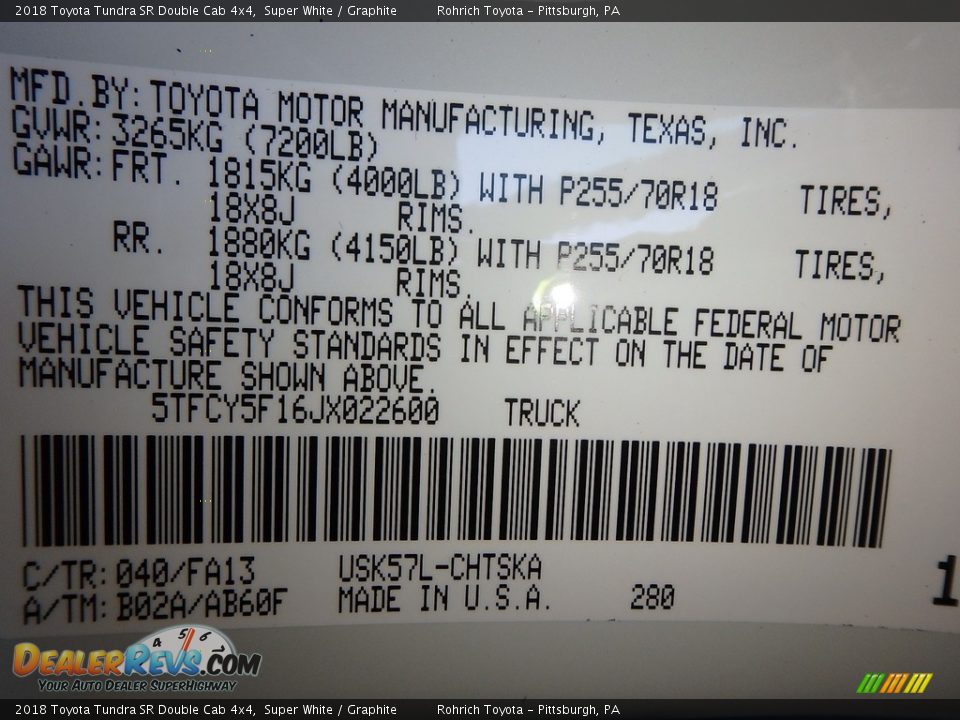 2018 Toyota Tundra SR Double Cab 4x4 Super White / Graphite Photo #10