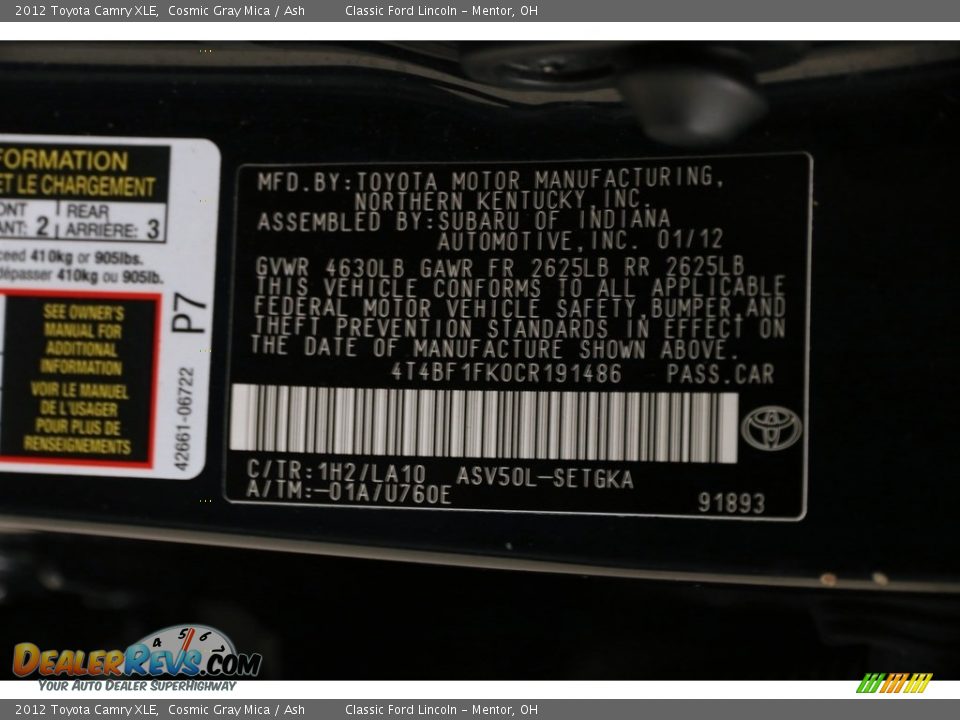 2012 Toyota Camry XLE Cosmic Gray Mica / Ash Photo #21