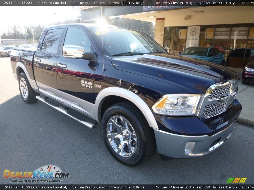 2013 Ram 1500 Laramie Crew Cab 4x4 True Blue Pearl / Canyon Brown/Light Frost Beige Photo #3