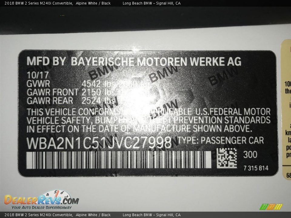 2018 BMW 2 Series M240i Convertible Alpine White / Black Photo #12
