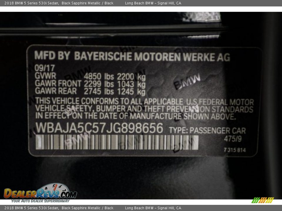 2018 BMW 5 Series 530i Sedan Black Sapphire Metallic / Black Photo #12