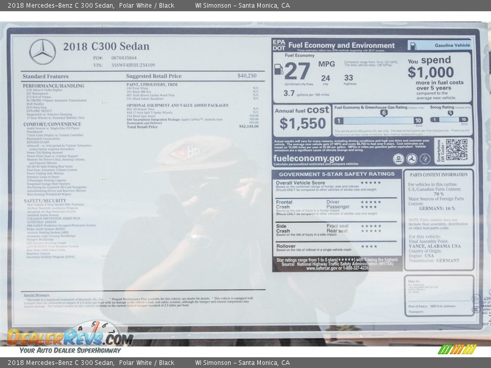 2018 Mercedes-Benz C 300 Sedan Polar White / Black Photo #11