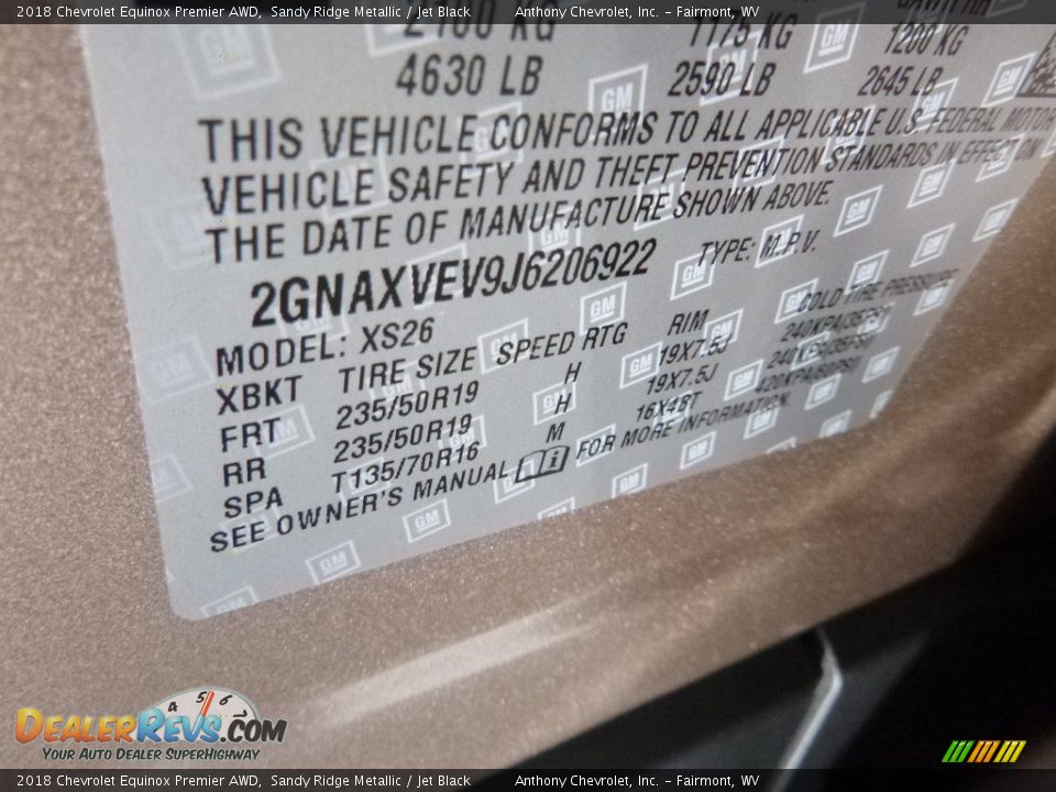 2018 Chevrolet Equinox Premier AWD Sandy Ridge Metallic / Jet Black Photo #15