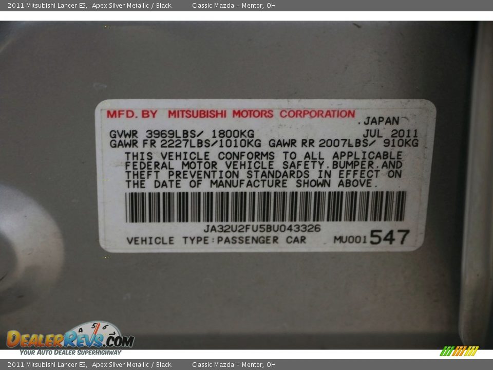 2011 Mitsubishi Lancer ES Apex Silver Metallic / Black Photo #27
