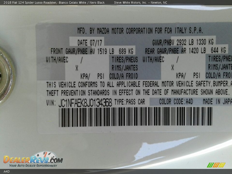 Fiat Color Code A4D Bianco Gelato White