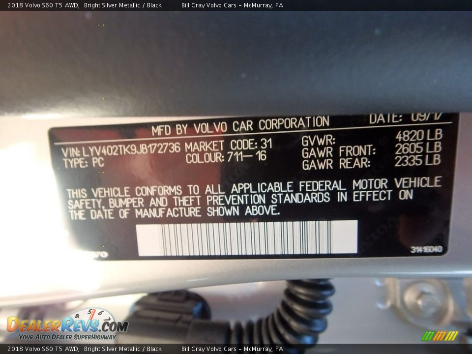 2018 Volvo S60 T5 AWD Bright Silver Metallic / Black Photo #11