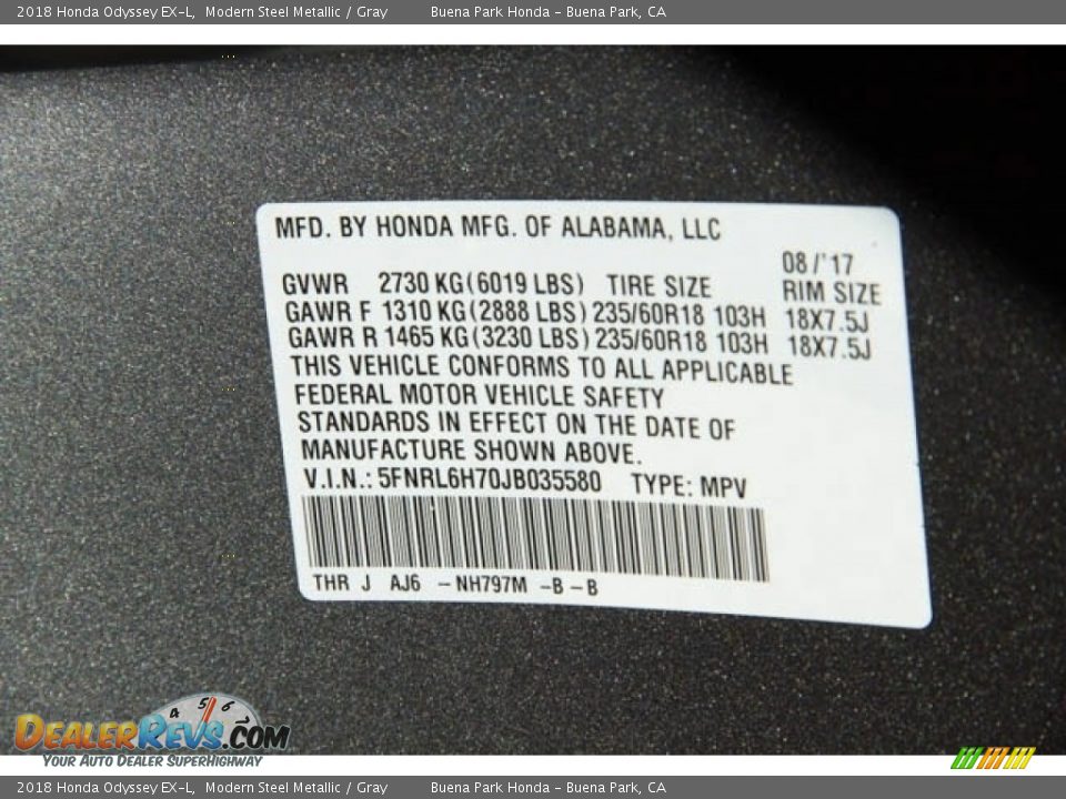 2018 Honda Odyssey EX-L Modern Steel Metallic / Gray Photo #21