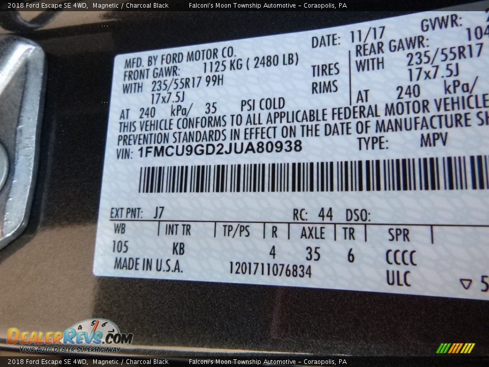 2018 Ford Escape SE 4WD Magnetic / Charcoal Black Photo #12