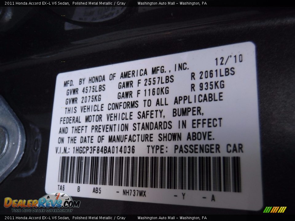 2011 Honda Accord EX-L V6 Sedan Polished Metal Metallic / Gray Photo #24
