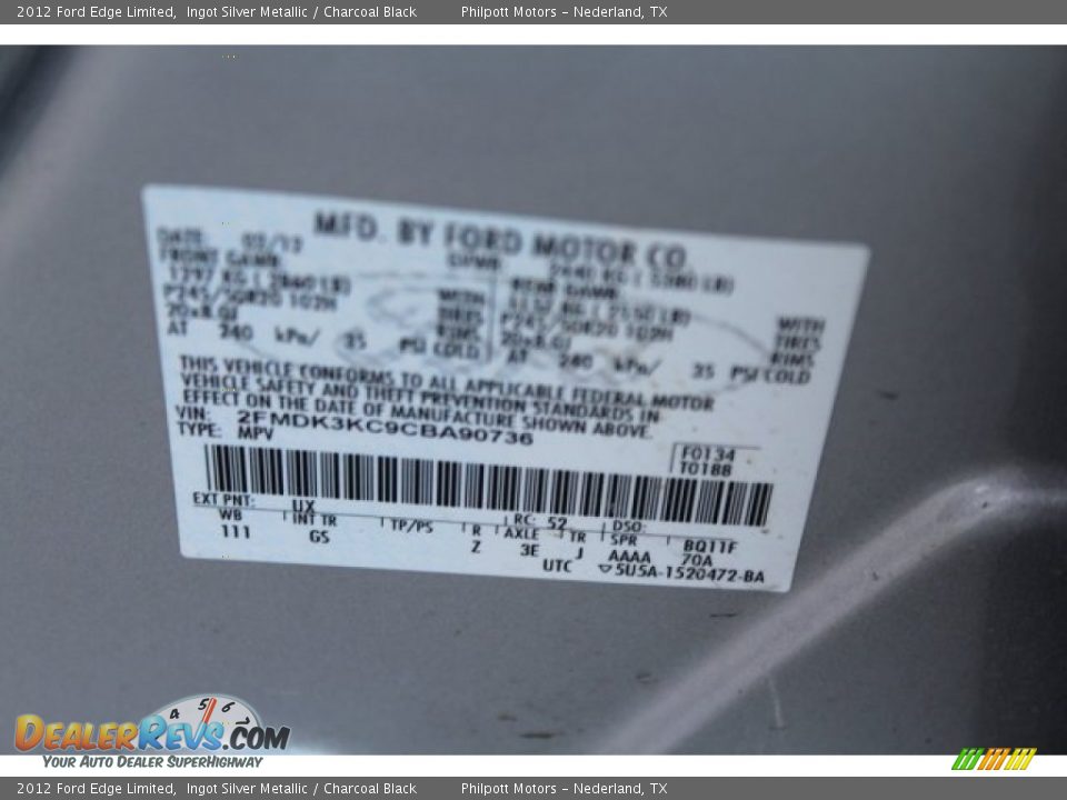 2012 Ford Edge Limited Ingot Silver Metallic / Charcoal Black Photo #34