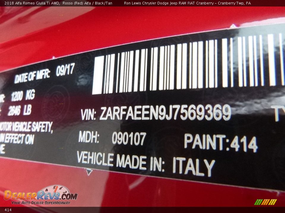 Alfa Romeo Color Code 414 Rosso (Red) Alfa