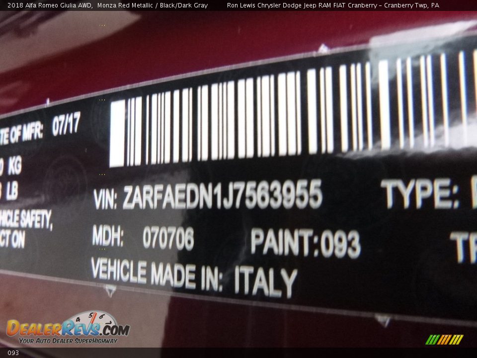 Alfa Romeo Color Code 093 Monza Red Metallic