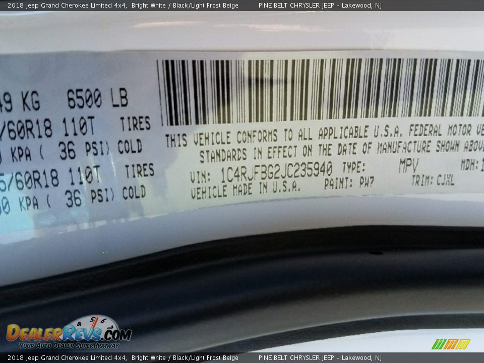 2018 Jeep Grand Cherokee Limited 4x4 Bright White / Black/Light Frost Beige Photo #9