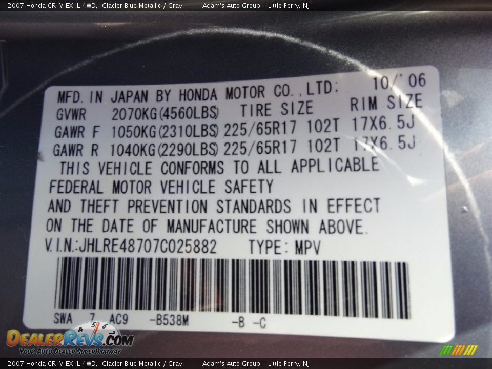 2007 Honda CR-V EX-L 4WD Glacier Blue Metallic / Gray Photo #12