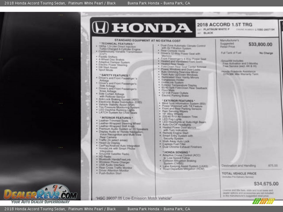 2018 Honda Accord Touring Sedan Platinum White Pearl / Black Photo #17