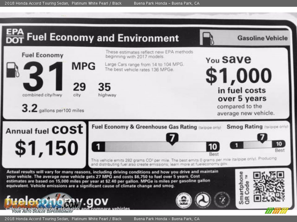 2018 Honda Accord Touring Sedan Platinum White Pearl / Black Photo #18