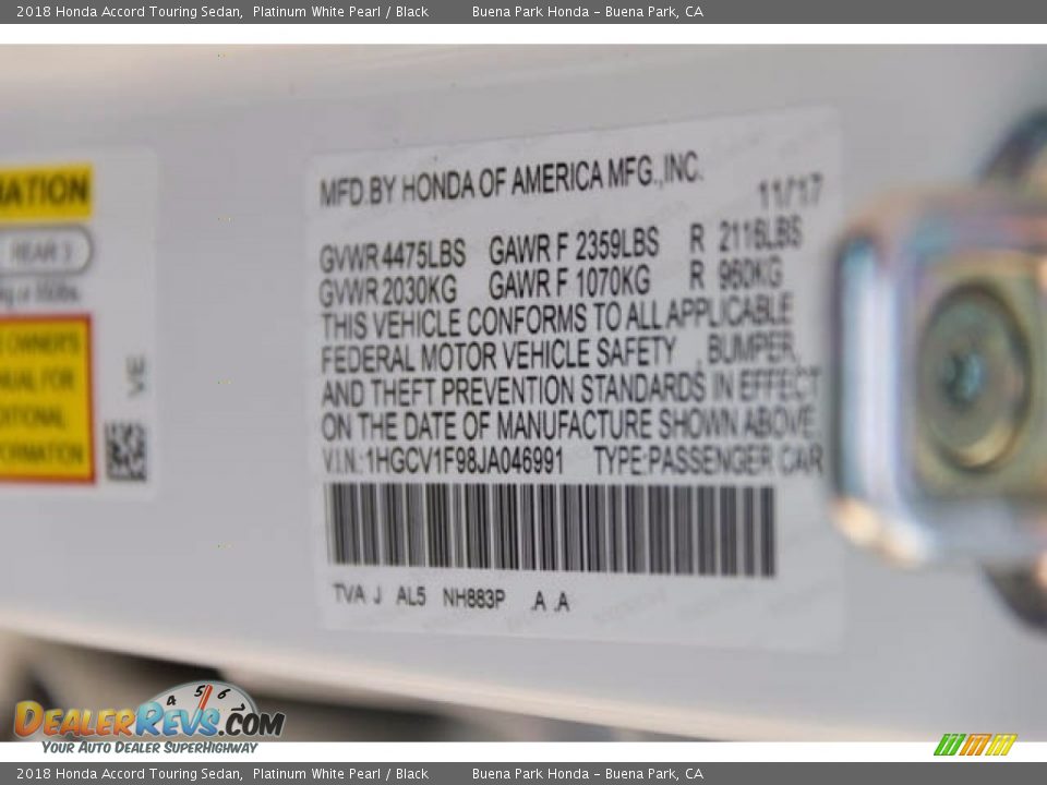 2018 Honda Accord Touring Sedan Platinum White Pearl / Black Photo #19