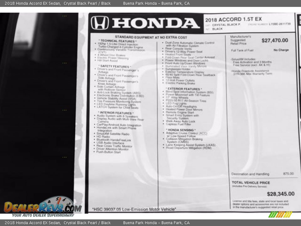 2018 Honda Accord EX Sedan Crystal Black Pearl / Black Photo #16