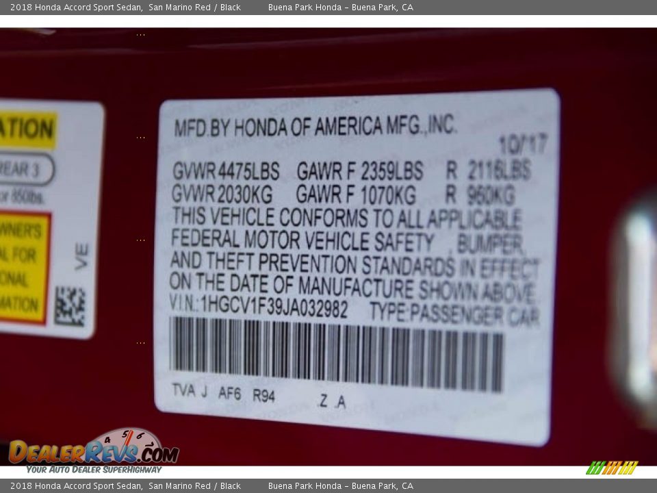2018 Honda Accord Sport Sedan San Marino Red / Black Photo #18