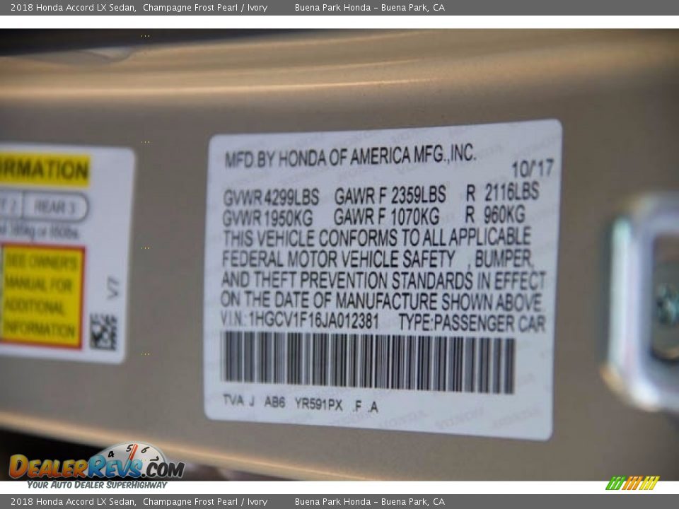 2018 Honda Accord LX Sedan Champagne Frost Pearl / Ivory Photo #17