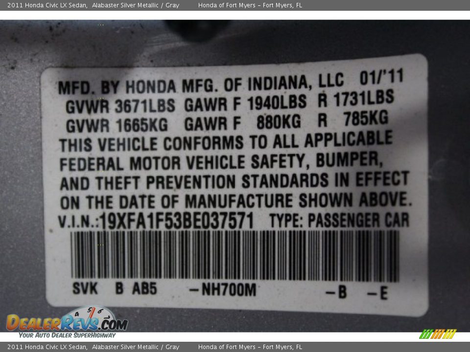 2011 Honda Civic LX Sedan Alabaster Silver Metallic / Gray Photo #30