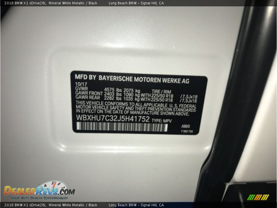 2018 BMW X1 sDrive28i Mineral White Metallic / Black Photo #12