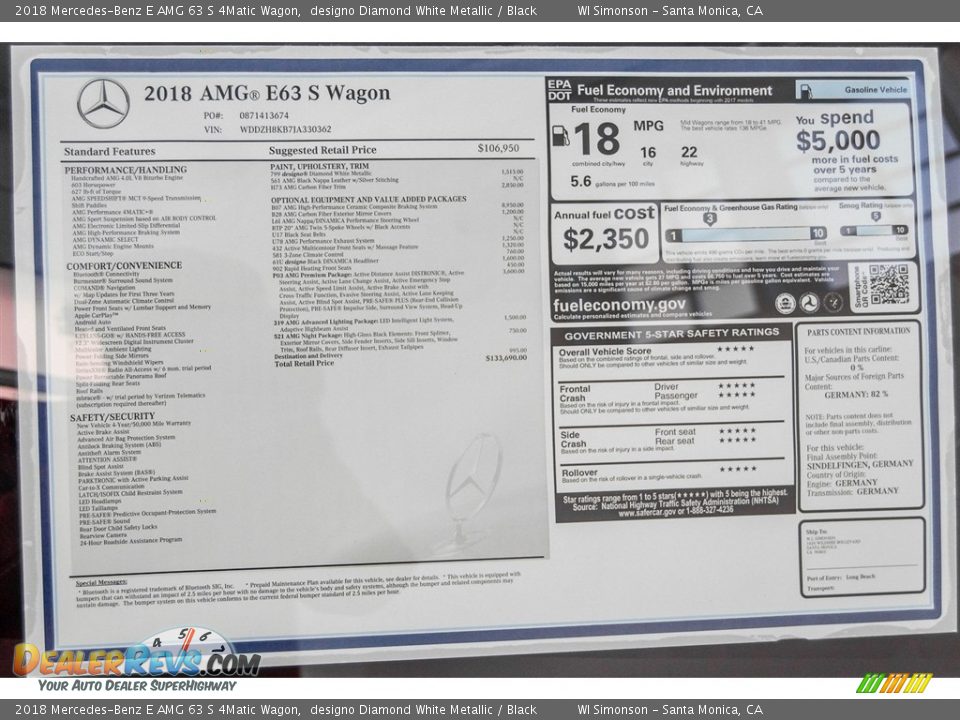 2018 Mercedes-Benz E AMG 63 S 4Matic Wagon Window Sticker Photo #12