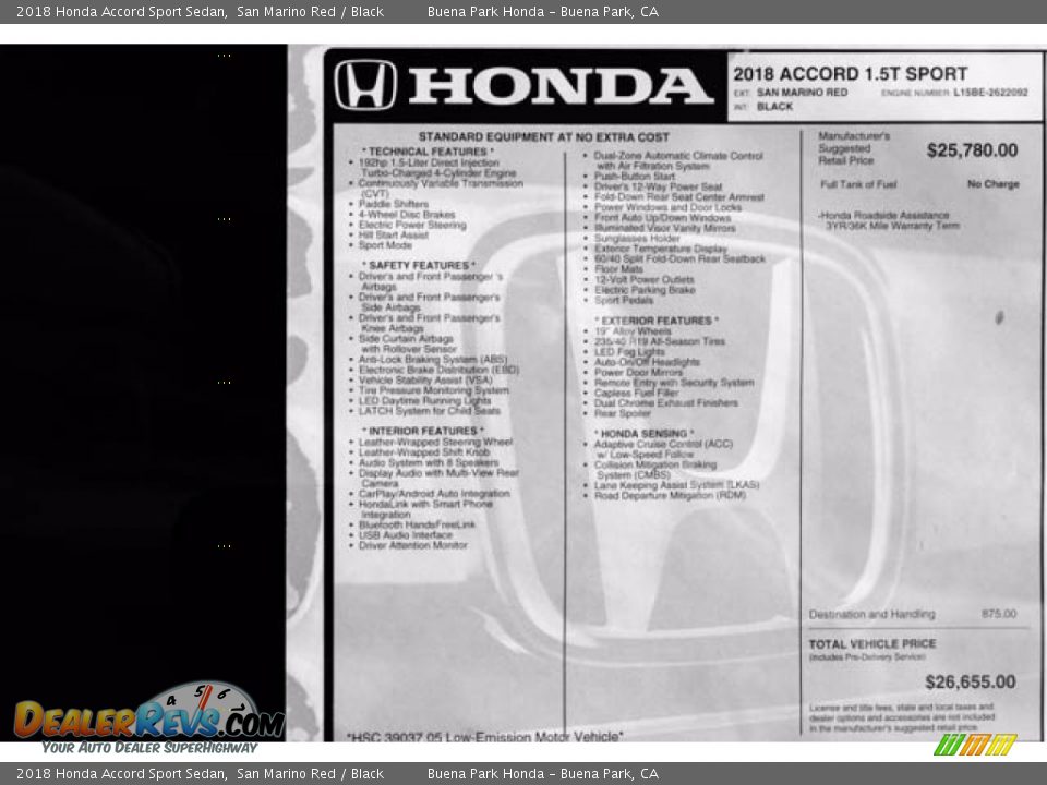 2018 Honda Accord Sport Sedan San Marino Red / Black Photo #16