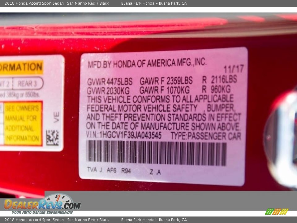2018 Honda Accord Sport Sedan San Marino Red / Black Photo #18