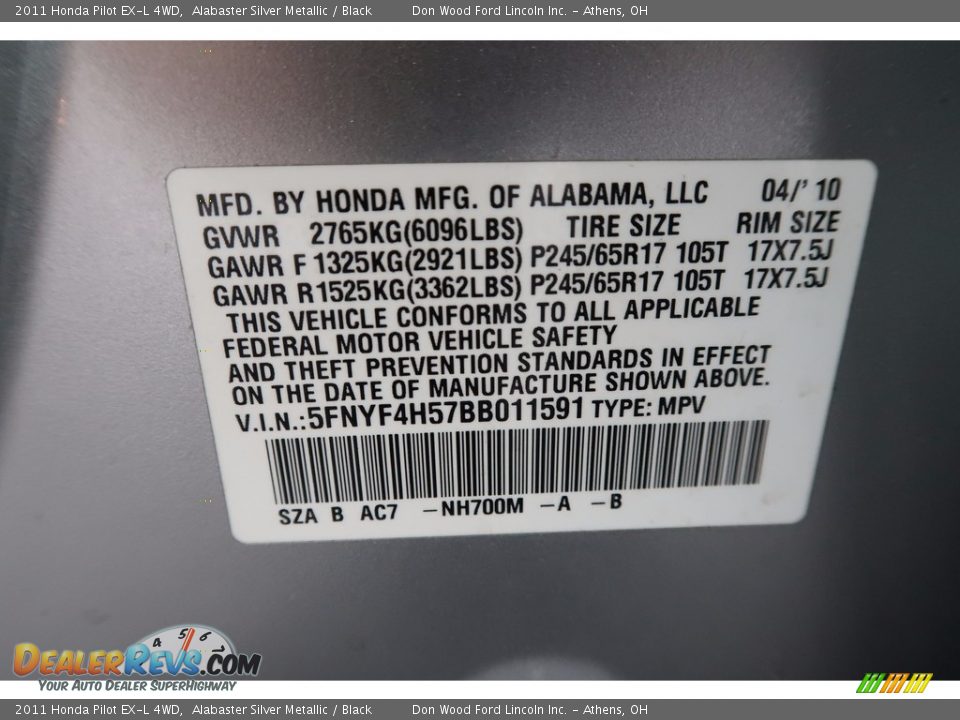 2011 Honda Pilot EX-L 4WD Alabaster Silver Metallic / Black Photo #34