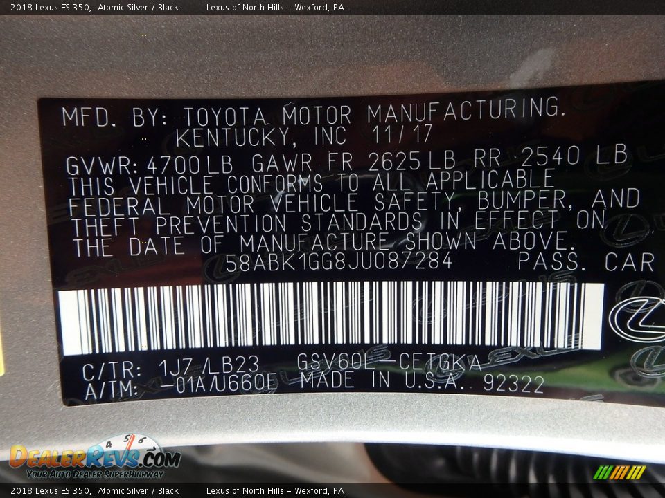 2018 Lexus ES 350 Atomic Silver / Black Photo #11