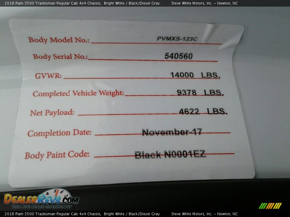 2018 Ram 3500 Tradesman Regular Cab 4x4 Chassis Bright White / Black/Diesel Gray Photo #34