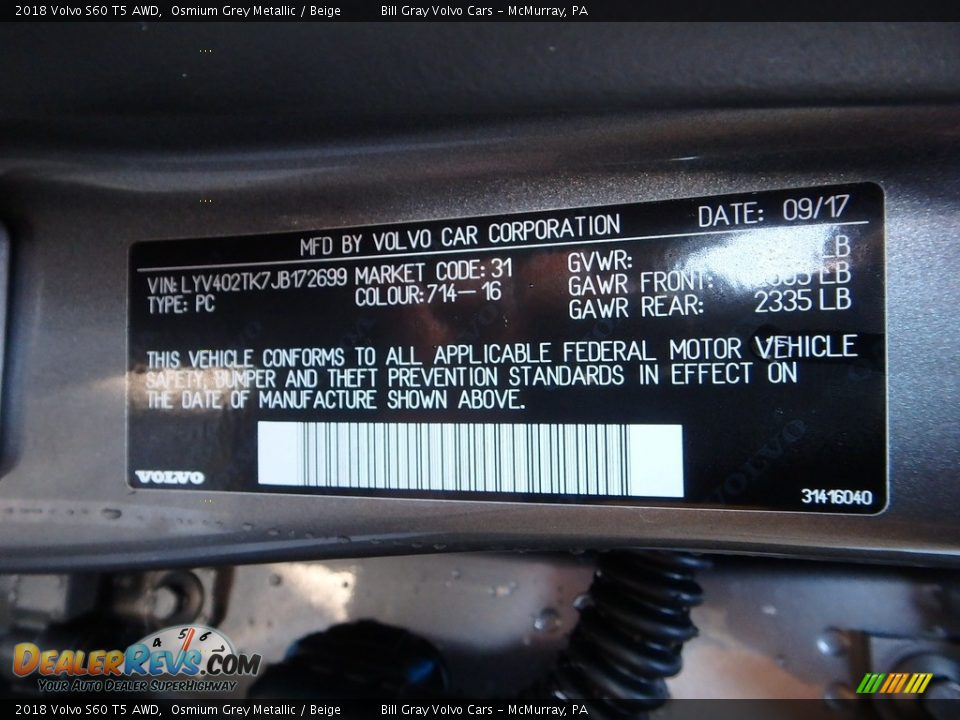 2018 Volvo S60 T5 AWD Osmium Grey Metallic / Beige Photo #12