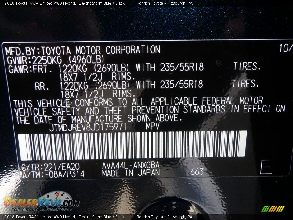 2018 Toyota RAV4 Limited AWD Hybrid Electric Storm Blue / Black Photo #10