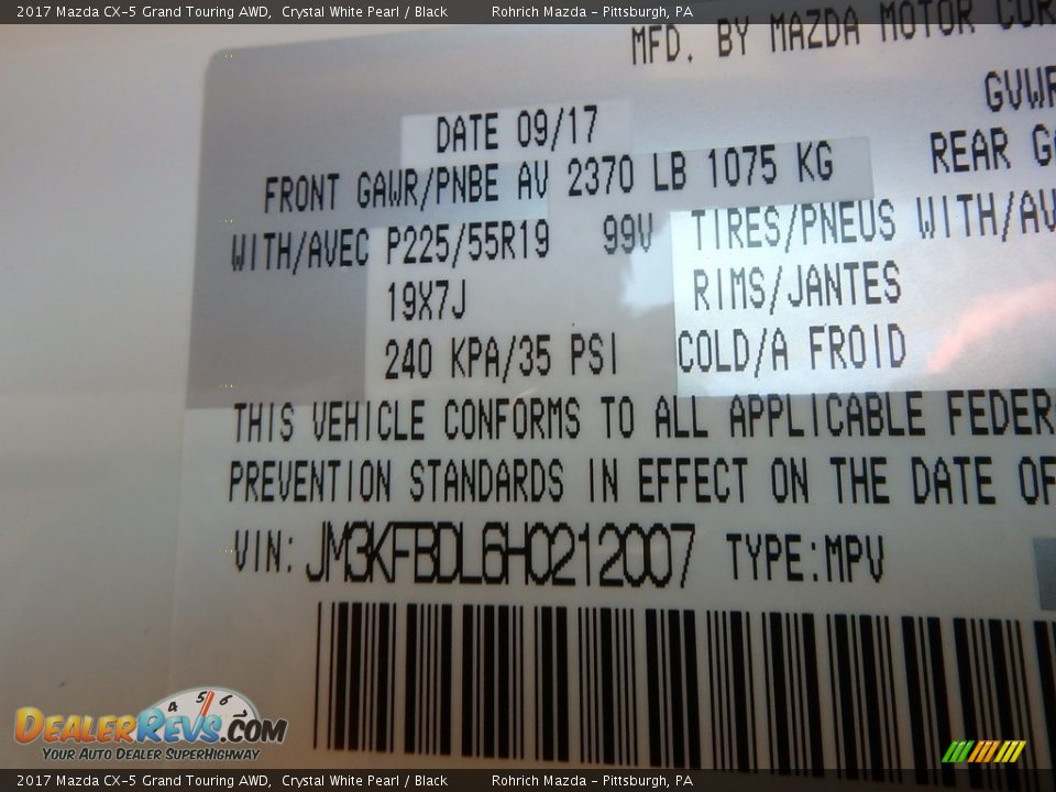 2017 Mazda CX-5 Grand Touring AWD Crystal White Pearl / Black Photo #11