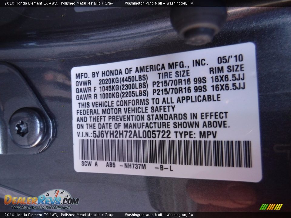 2010 Honda Element EX 4WD Polished Metal Metallic / Gray Photo #24